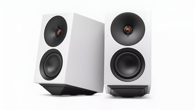 Cambridge Audio L/R S compact powered stereo speakers in white, angled front view on a white background