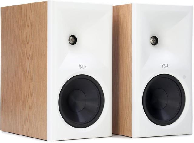 Klipsch The Sevens II powered speakers pair in blonde oak with white front baffles on a white background