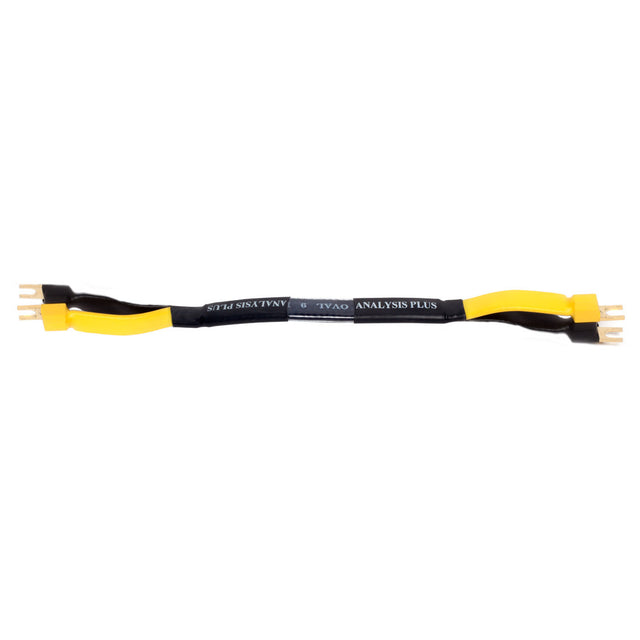 Full display of Analysis Plus Black Mesh Oval Speaker Cable - 9-Inch - Jumper - Spade to Spade