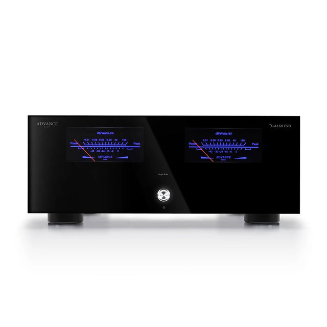  Advance Paris X-A160 EVO stereo power amplifier — front view with illuminated VU meters and black methacrylate panel; rear panel showing RCA and XLR inputs, speaker binding posts