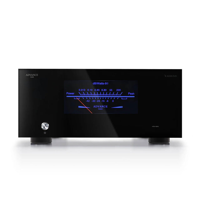 Advance Paris X-A220 EVO monoblock power amplifier — front view with illuminated VU meter and methacrylate panel; rear panel showing RCA and XLR inputs, speaker binding posts