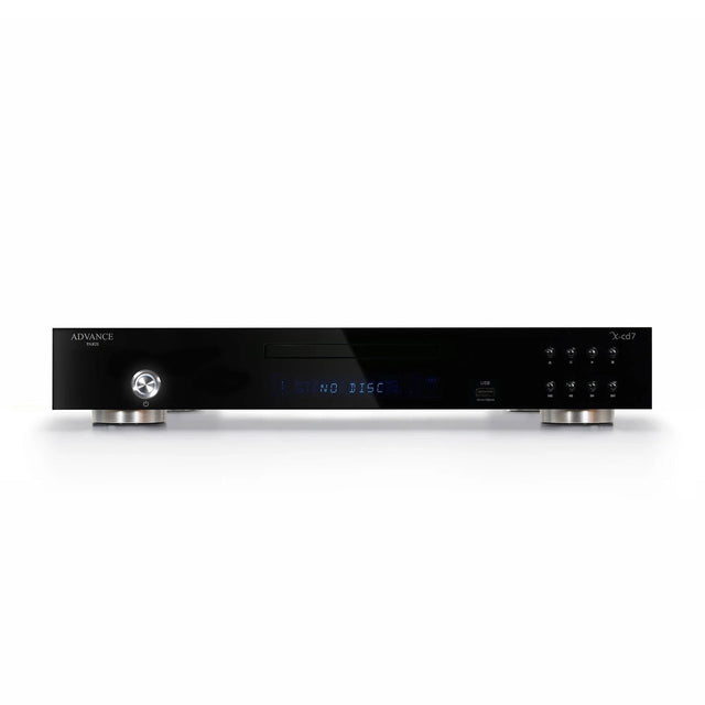  front view with display and disc tray; rear panel showing XLR balanced, RCA unbalanced, optical and coaxial outputs