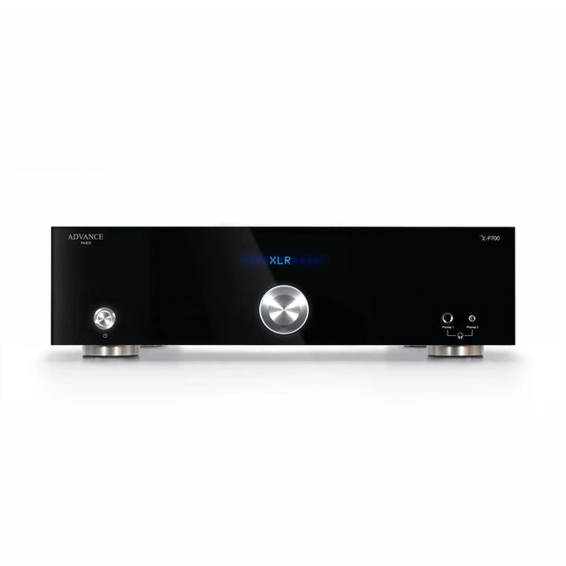 '- Advance Paris X-P700 stereo preamplifier â€” front view showing 10mm black methacrylate panel, single rotary knob, and dual headphone jacks -