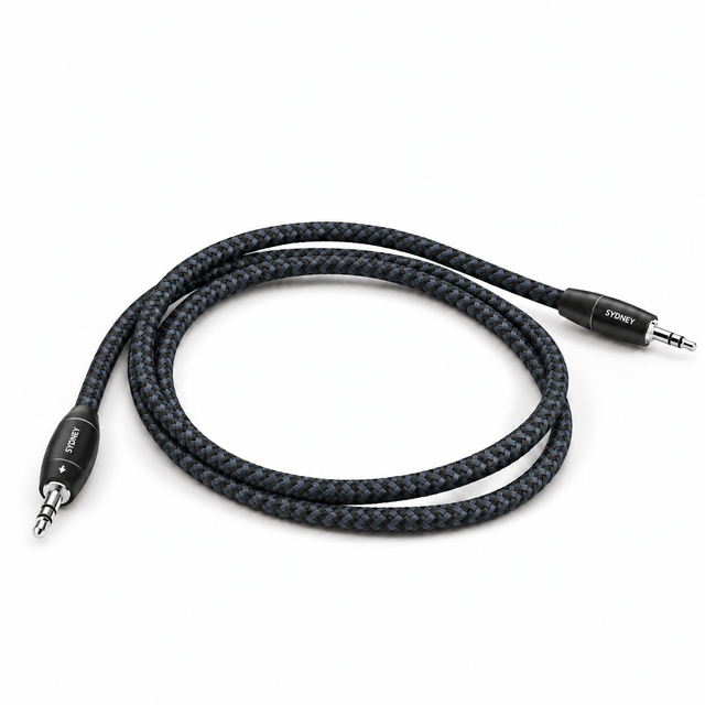 A coiled black and gray braided audio cable with 3.5mm jack connectors, featuring the STINAY brand name on the connectors, set against a plain white background.