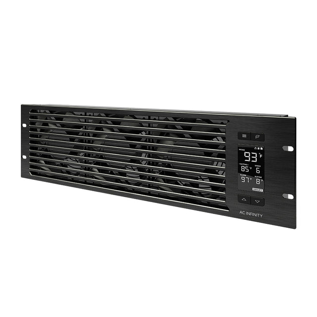 Angled image of AC Infinity CLOUDPLATE T9- Quiet Rack Cooling Fan System - Exhaust