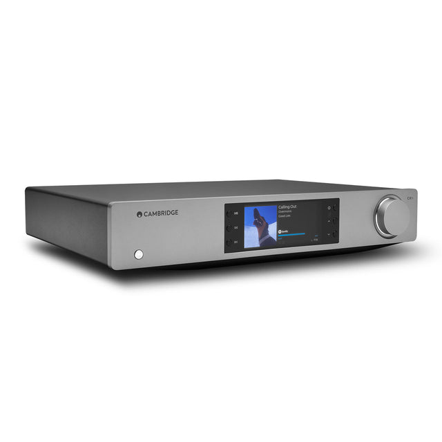 Angled view of the Cambridge Audio CXN100 Music Streamer in Lunar Gray