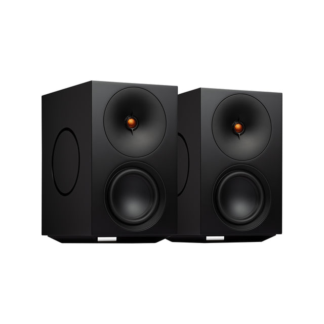 Cambridge Audio L/R X Advanced Powered Stereo Streaming Speakers in matte black on a white background