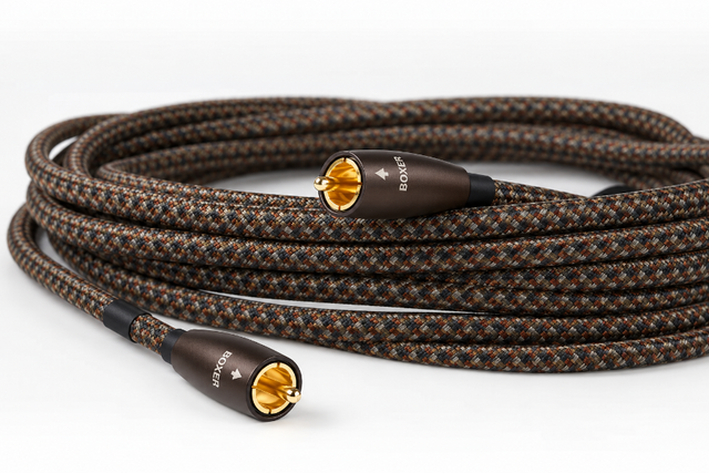 A coiled audio cable with a brown and black braided jacket and gold-plated connectors, shown on a clean white background.