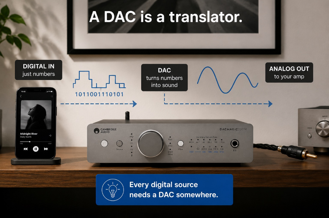 <p><strong>A DAC is a translator. </strong>It turns the digital file into the analog signal your amp and speakers actually play.</p>