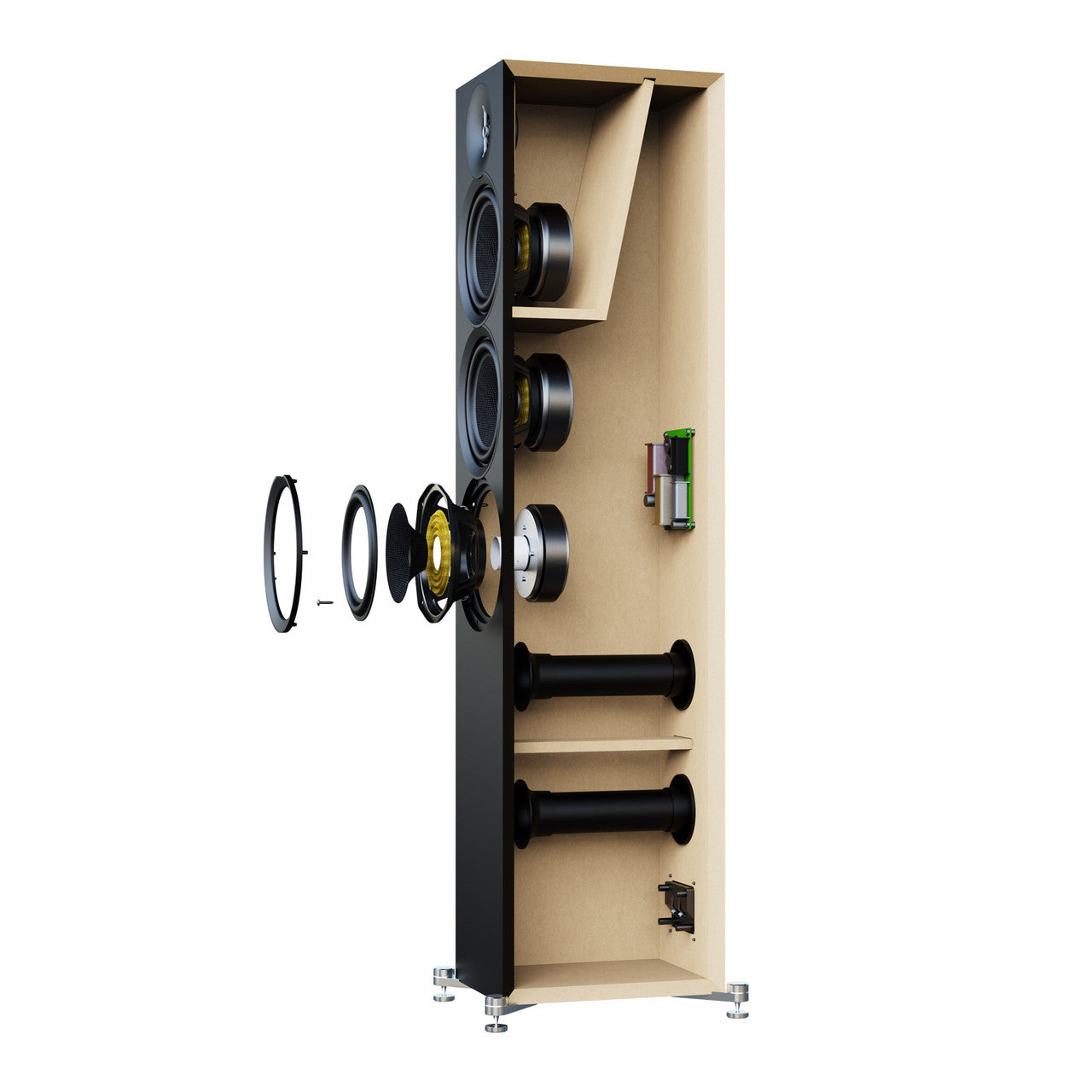 exploded speaker view of walnut ELAC Debut 3.0 F5.3 Floorstanding Speaker