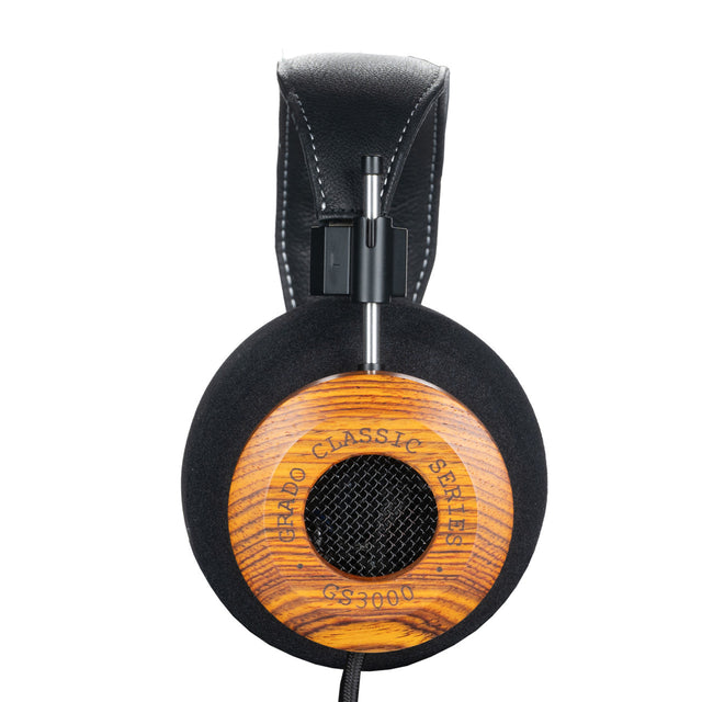 Grado GS3000 Classic headphones — front angle view showing cocobolo wood and aluminum housing with oversized G cushions