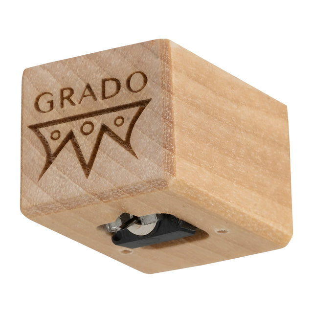 Grado Timbre Opus4 phono cartridge — front angle view showing American Maple wood body and stylus assembly