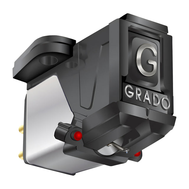 Grado Prestige Red4 P-Mount phono cartridge — angle view showing T4P plug-in body with bonded elliptical diamond stylus