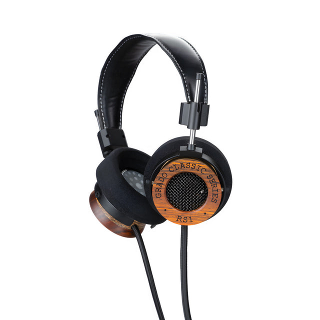 Grado RS1 Classic headphones — front view showing tri-wood cocobolo, hemp, and maple housing with L cushions
