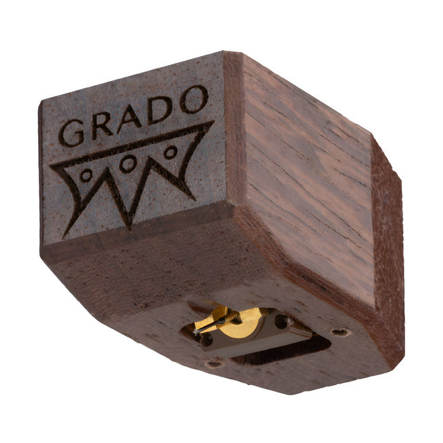 Grado Lineage Statement4 Mono phono cartridge — front view showing Brazilian Ebony wood body and Shibata diamond stylus assembly"