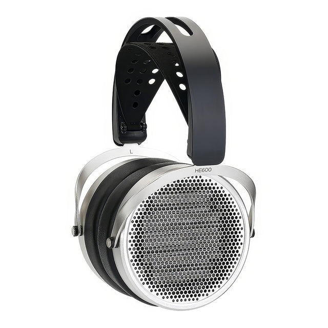 HiFiMAN HE600 open-back planar magnetic headphone front three-quarter view showing honeycomb grille