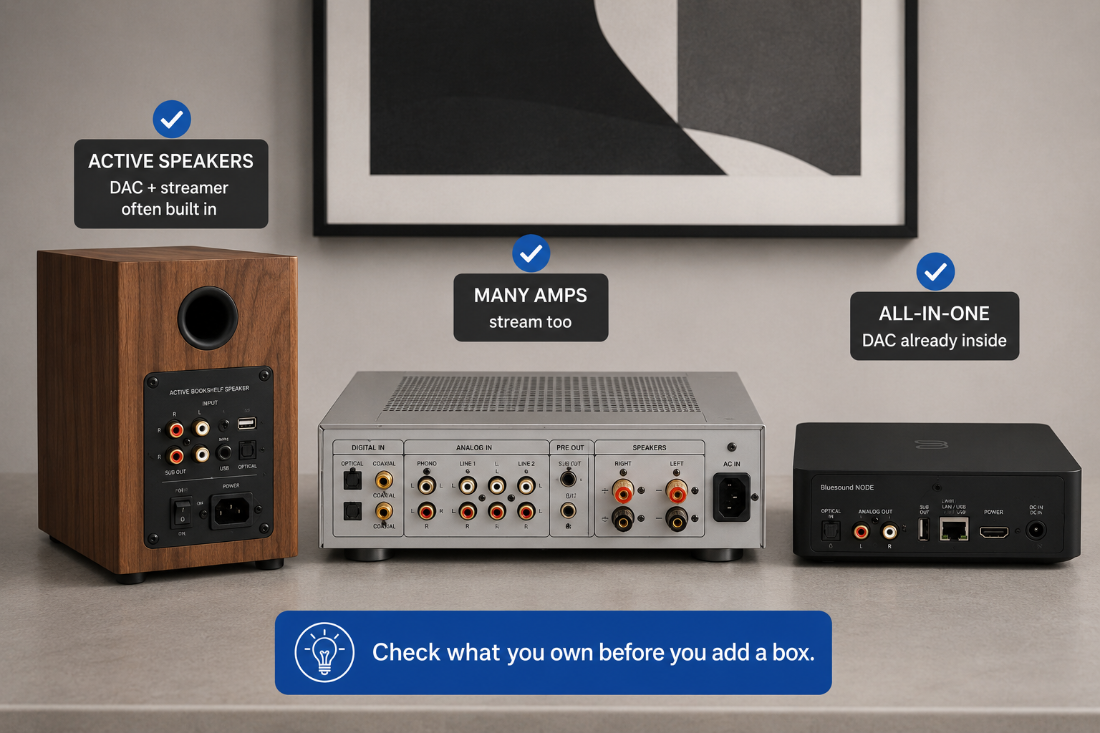<p><strong>Check before you buy. </strong>Active speakers and many amps already stream. Another box can be money you don't need to spend.</p>
