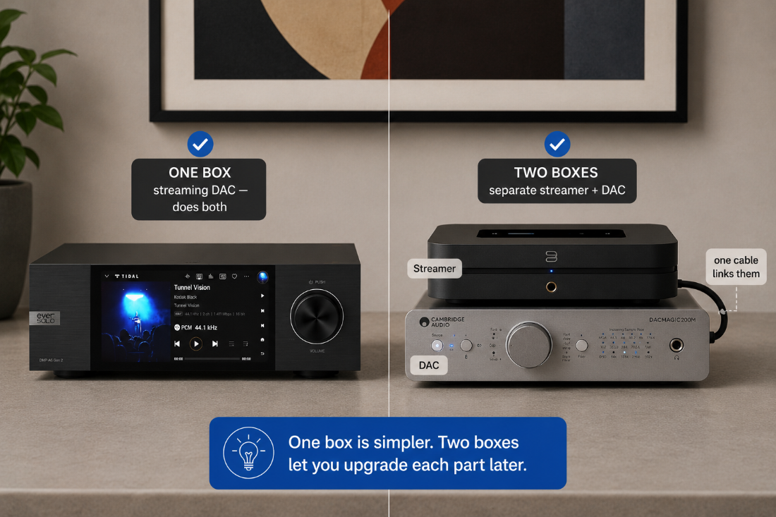 <p><strong>One box or two. </strong>A streaming DAC does both for simplicity. Separates cost more but let you upgrade each part later.</p>