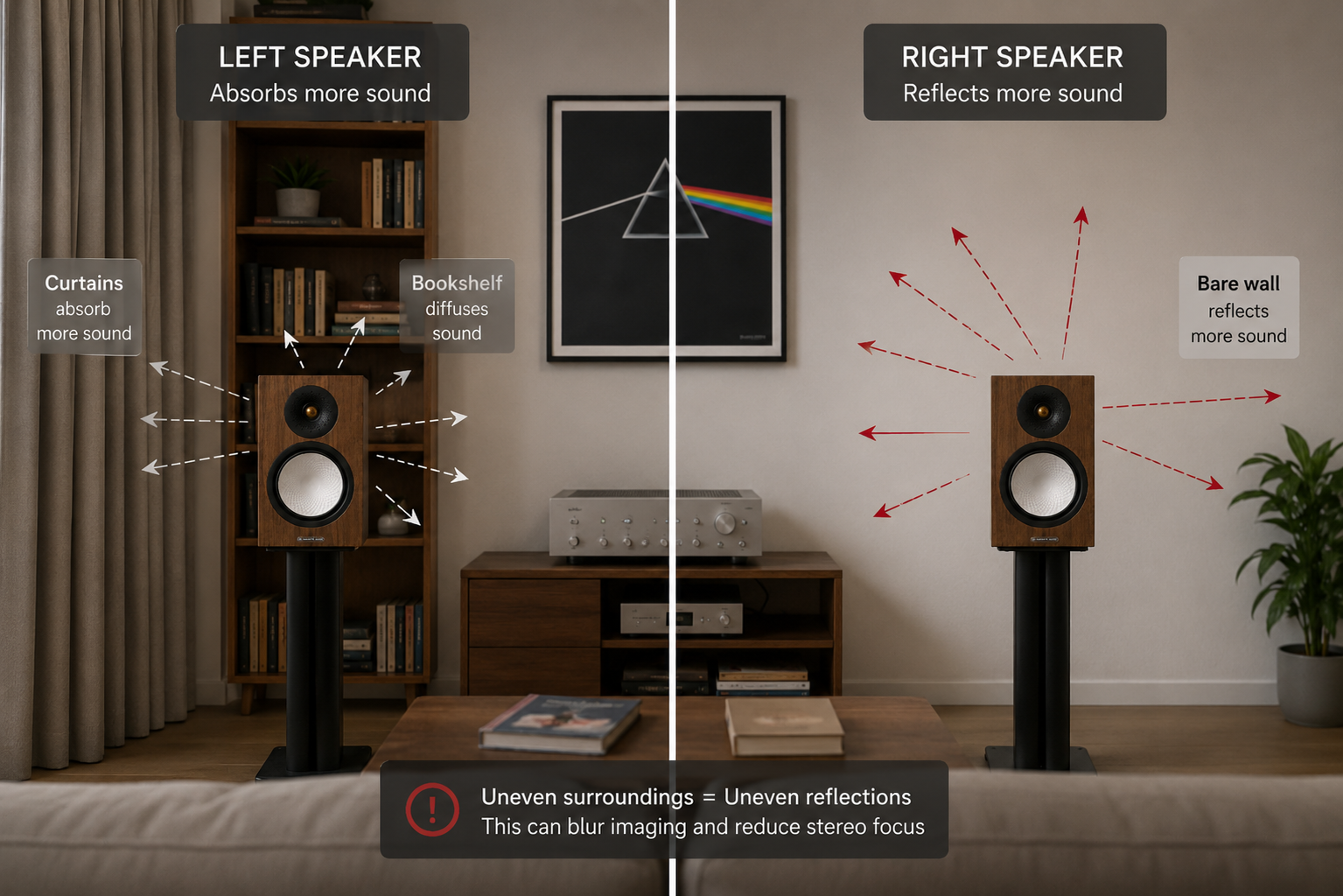 <p><strong>The room is half the sound. </strong>Curtains, shelves, and bare walls reflect differently. Aim for left and right surroundings that roughly match.</p>