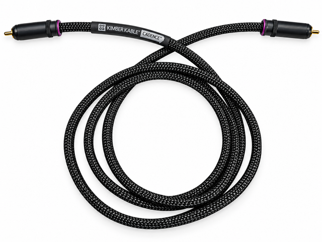 A coiled black audio cable with a textured braided cover, featuring gold-plated RCA connectors on both ends and a black label in the center that reads 'KIMBER KABLE LANCER'.