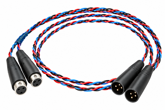 A braided audio cable with red, blue, and black wires, featuring four black XLR connectors on a clean white background.