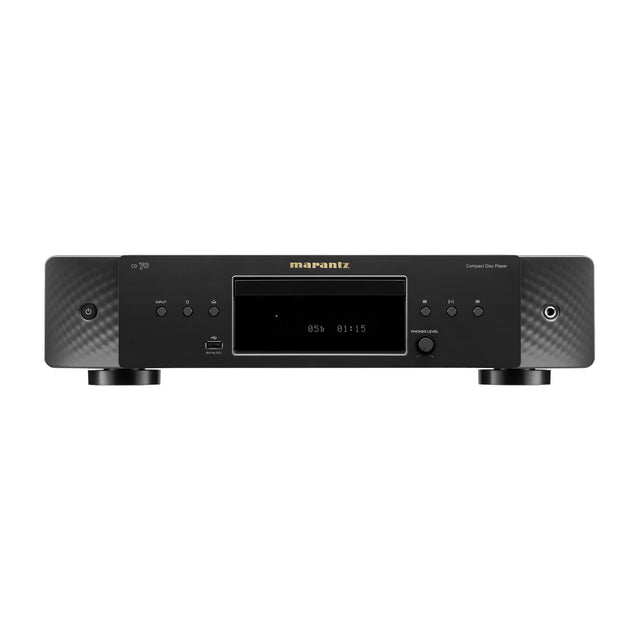 Marantz CD70 CD player in black with sculpted end caps on a white background