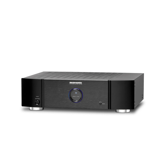 Side of black Marantz MM7025 two-channel power amplifier