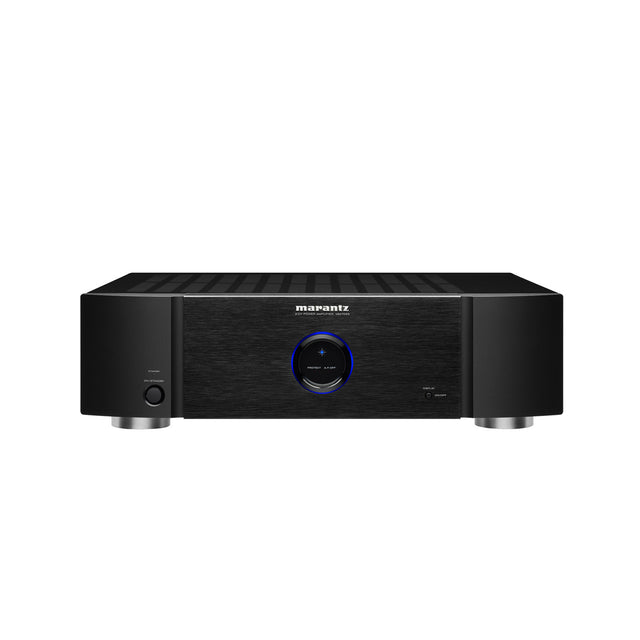 Front of black Marantz MM7025 two-channel power amplifier