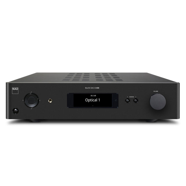 Front of NAD C 658 BLUOS Streaming DAC Preamplifier