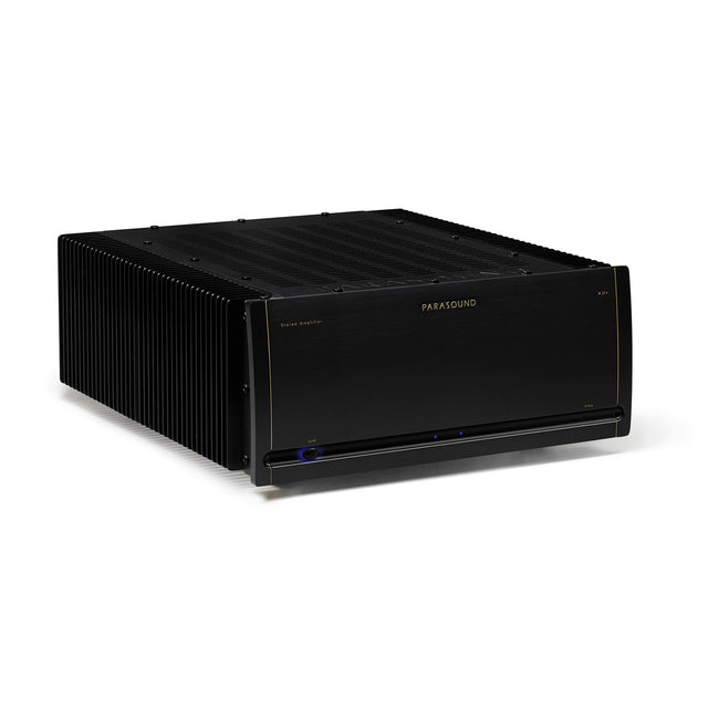 Side of black Parasound Halo A 21+ stereo amplifier