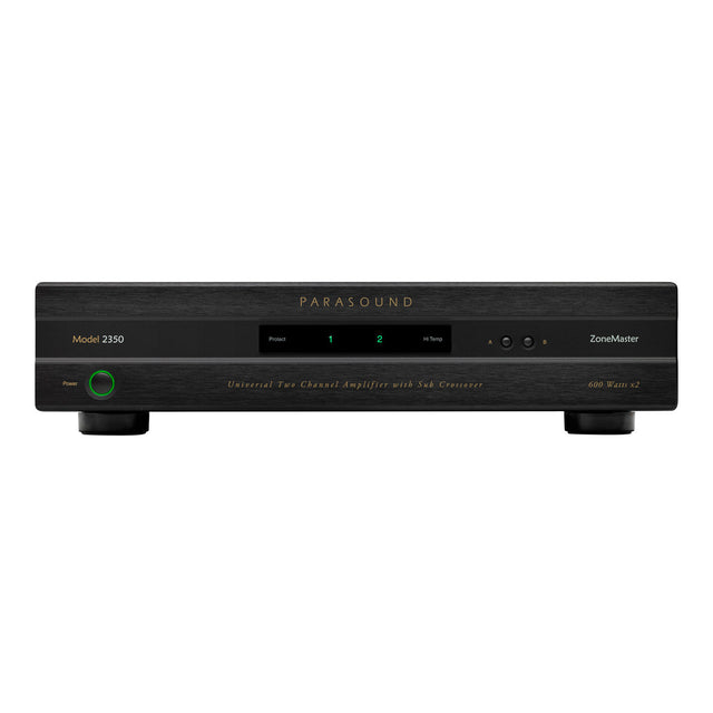 Front of black Parasound ZoneMaster 2350 universal two-channel amplifier