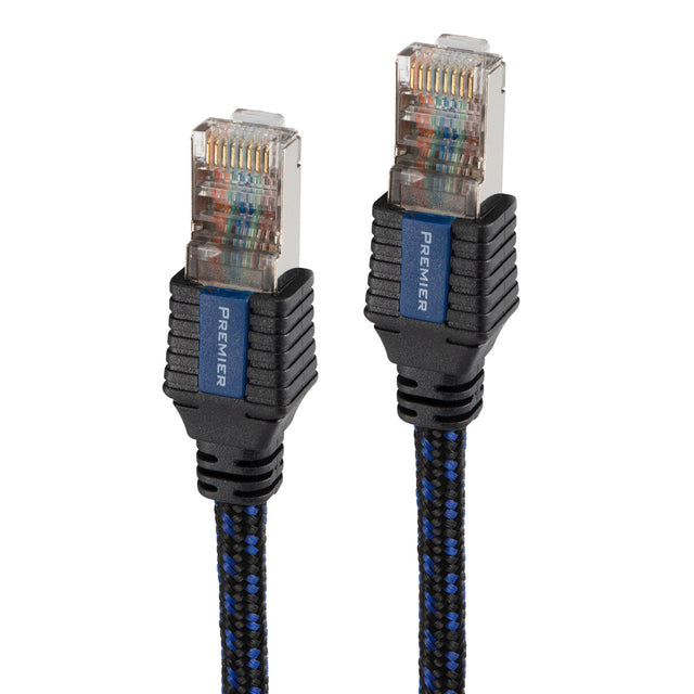Pangea Audio Premier Ethernet cable with black and blue braided jacket and shielded RJ45 connectors on white background