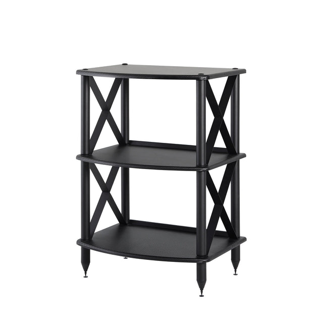 Pangea Audio Vulcan LP Storage Rack in carbon fiber, three-tier stand with X-brace legs on a white background