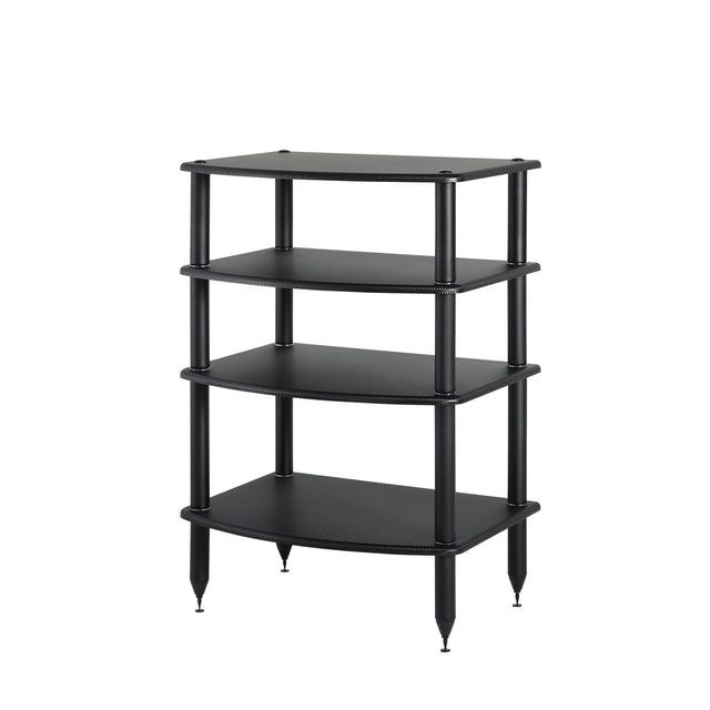 Vulcan 4-shelf rack in carbon fiber finish, angled view showing textured shelf surfaces