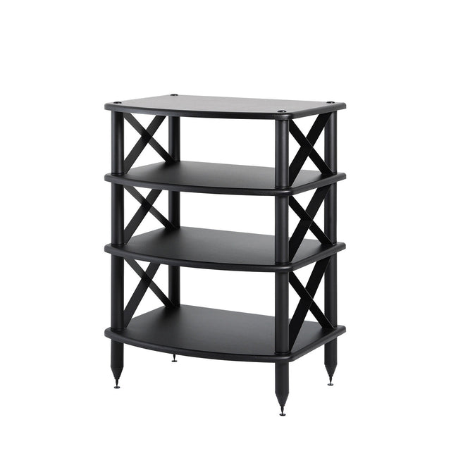 Pangea Audio Vulcan X-Brace 4-shelf audio rack in black with X-braced legs on a white background