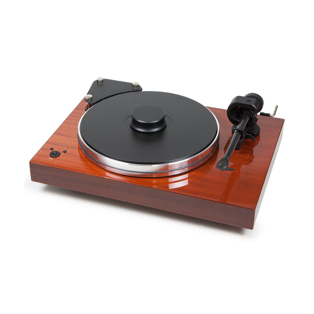 Pro-Ject Xtension 9 turntable in mahogany finish, angled view on a white background