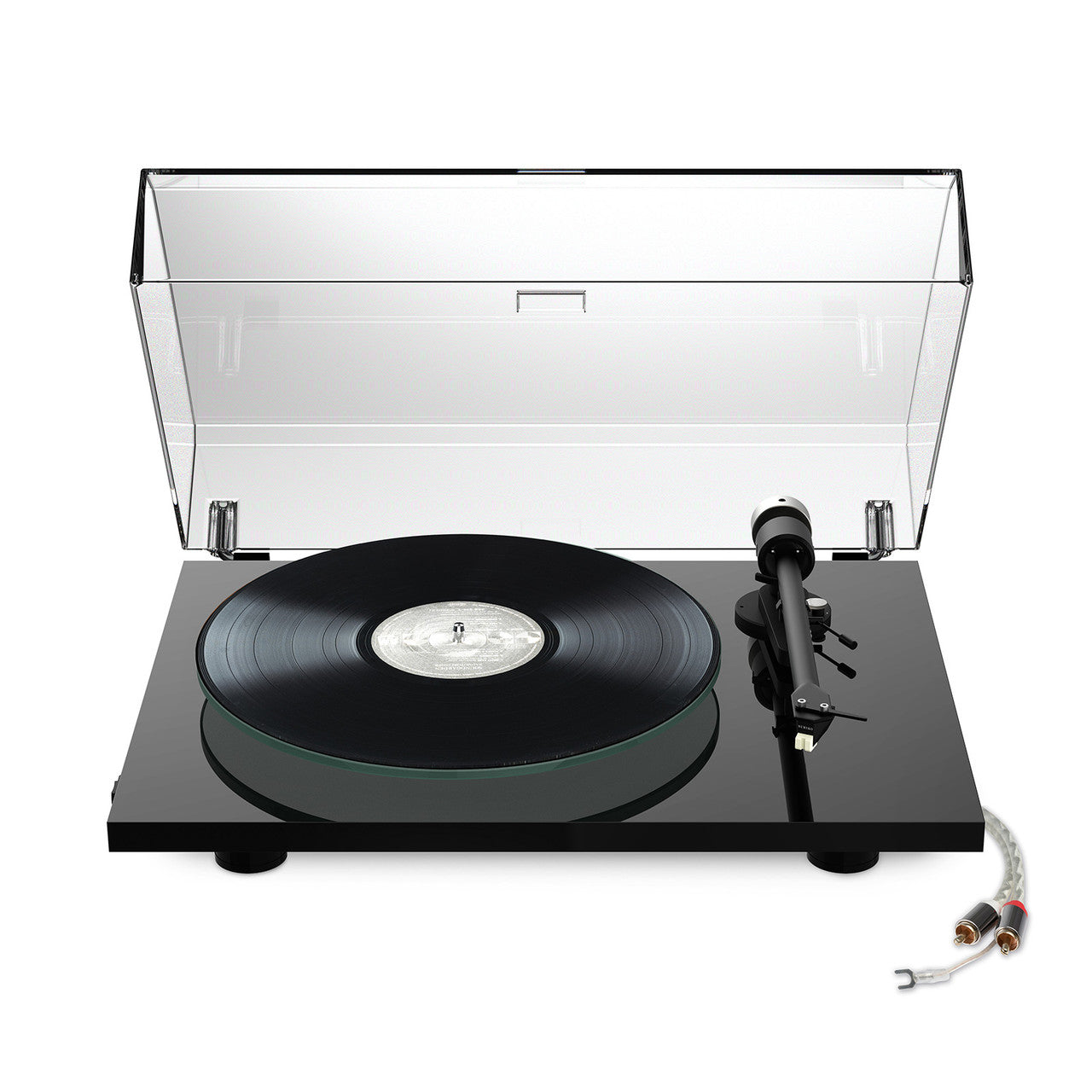 Top front view of the Pro-Ject T2 Turntable in Black, with record, dustcover and Rainier Cartridge