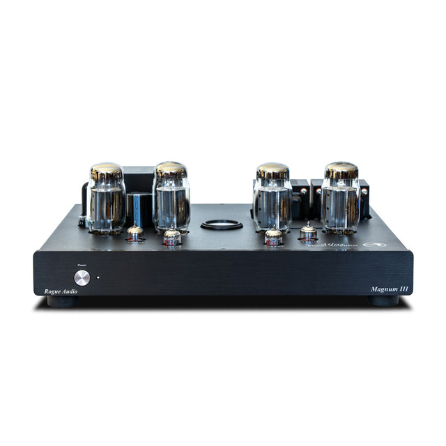 Front of black Rogue Audio Atlas Magnum III power amplifier