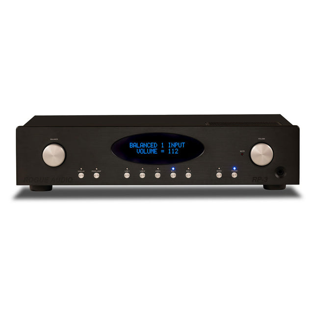 front of black Rogue Audio RP-3 Preamplifier