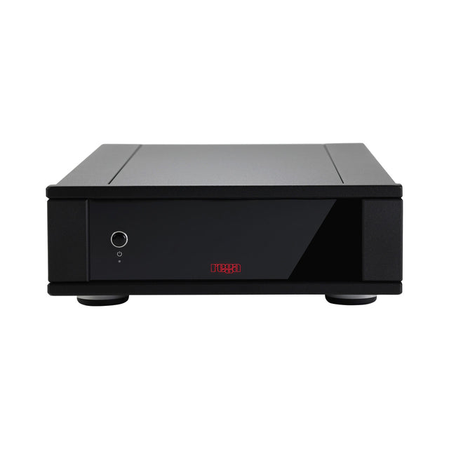Rega AOS MC moving coil phono stage front view in black aluminum chassis
