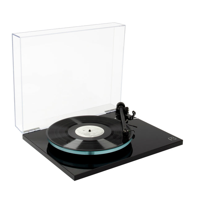 Rega Planar 3 in Gloss Black angled dustcover View