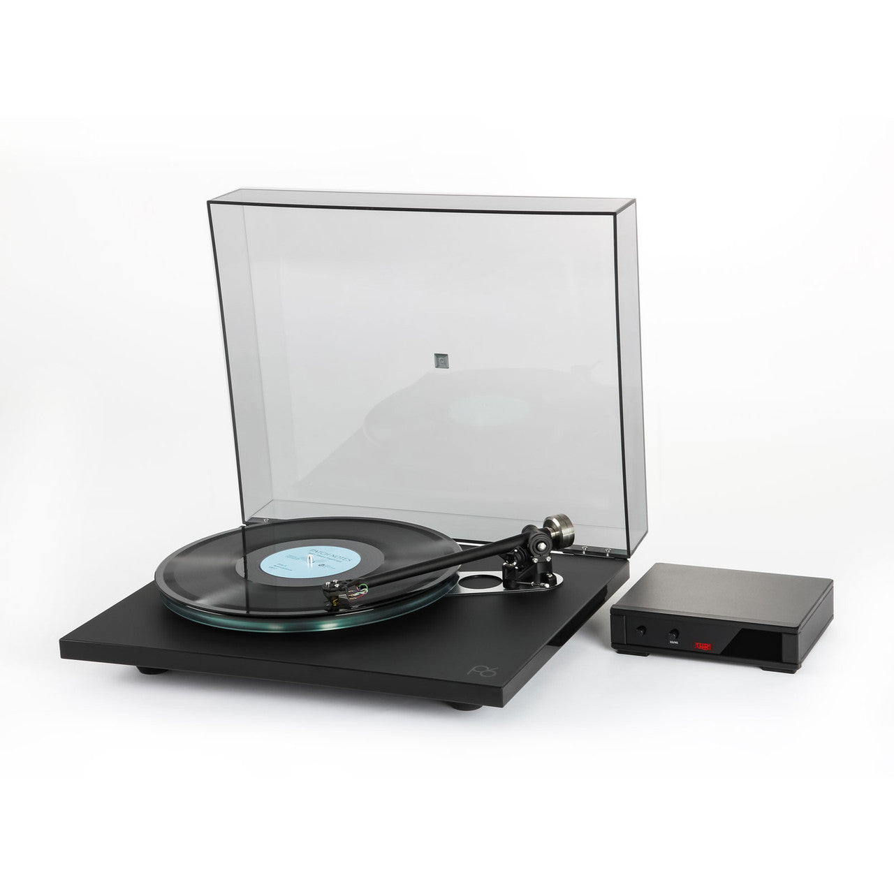Planar 6 turntable with dust cover open beside the Neo PSU power supply unit on a white background