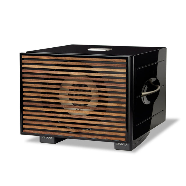 Angle with wood grill of REL Acoustics S 550 Grille - Wood Grille