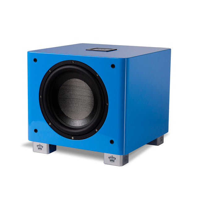 Angle view of French Racing Blue REL Acoustics T/9x SE Powered Subwoofer