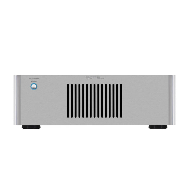Front of silver Rotel RB-1552 MkII stereo power amplifier