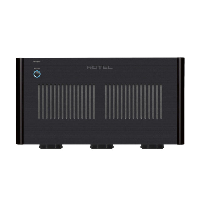 Front of black Rotel RB-1590 stereo power amplifier
