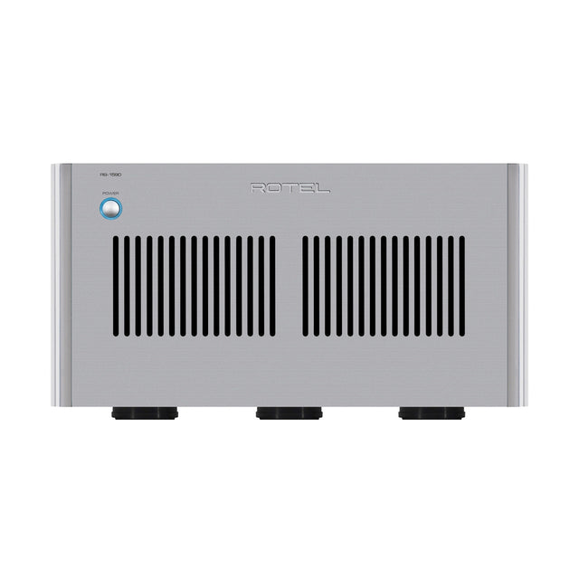 Front of silver Rotel RB-1590 stereo power amplifier