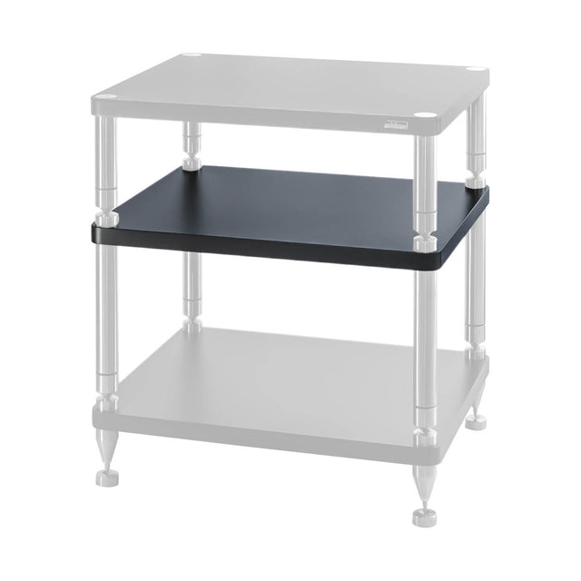 Solidsteel HY inner shelf installed between support posts in a Hyperspike HY audio rack