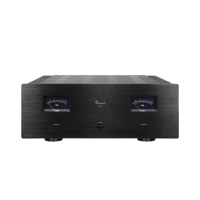 Front of black Vincent Audio SP-332 hybrid stereo amplifier