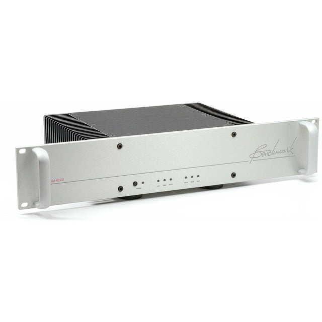 Front of silver Benchmark AHB2 power amplifier with 19 inch rackmount